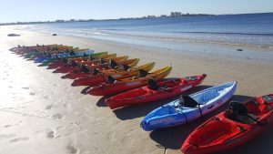 Kayaks displayed on the shoe of a beach
