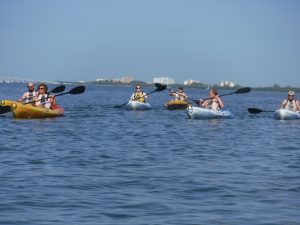 Friends kayaking on the ocean