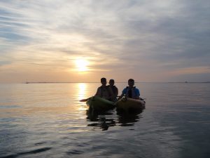 Three people riding kayaks on a sunset
