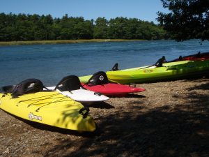 Kayaks beside a lake